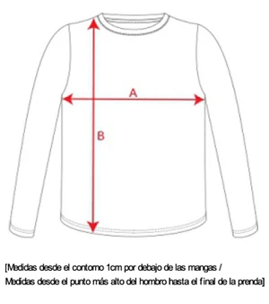 Esquema de medición: A indica el ancho y B el alto de la prenda.